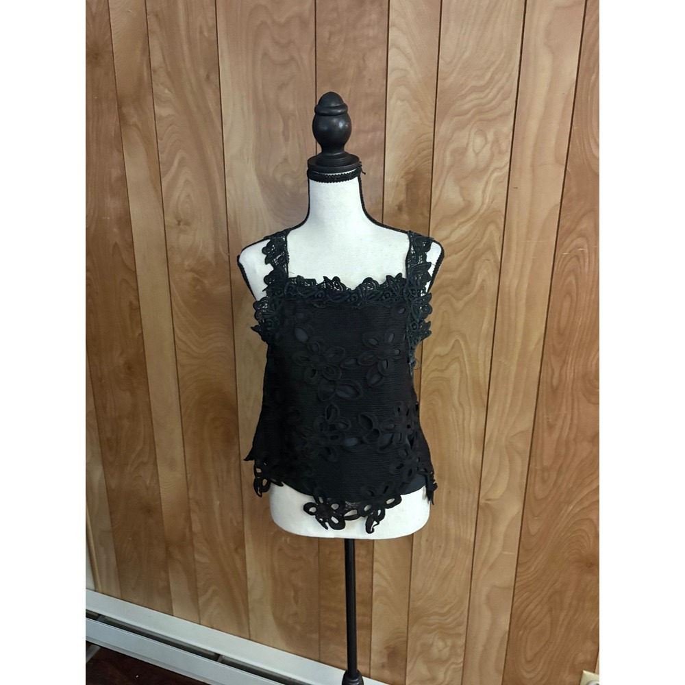 Black Floral Guipure Lace Sleeveless Top Scalloped Square Neck Tank S